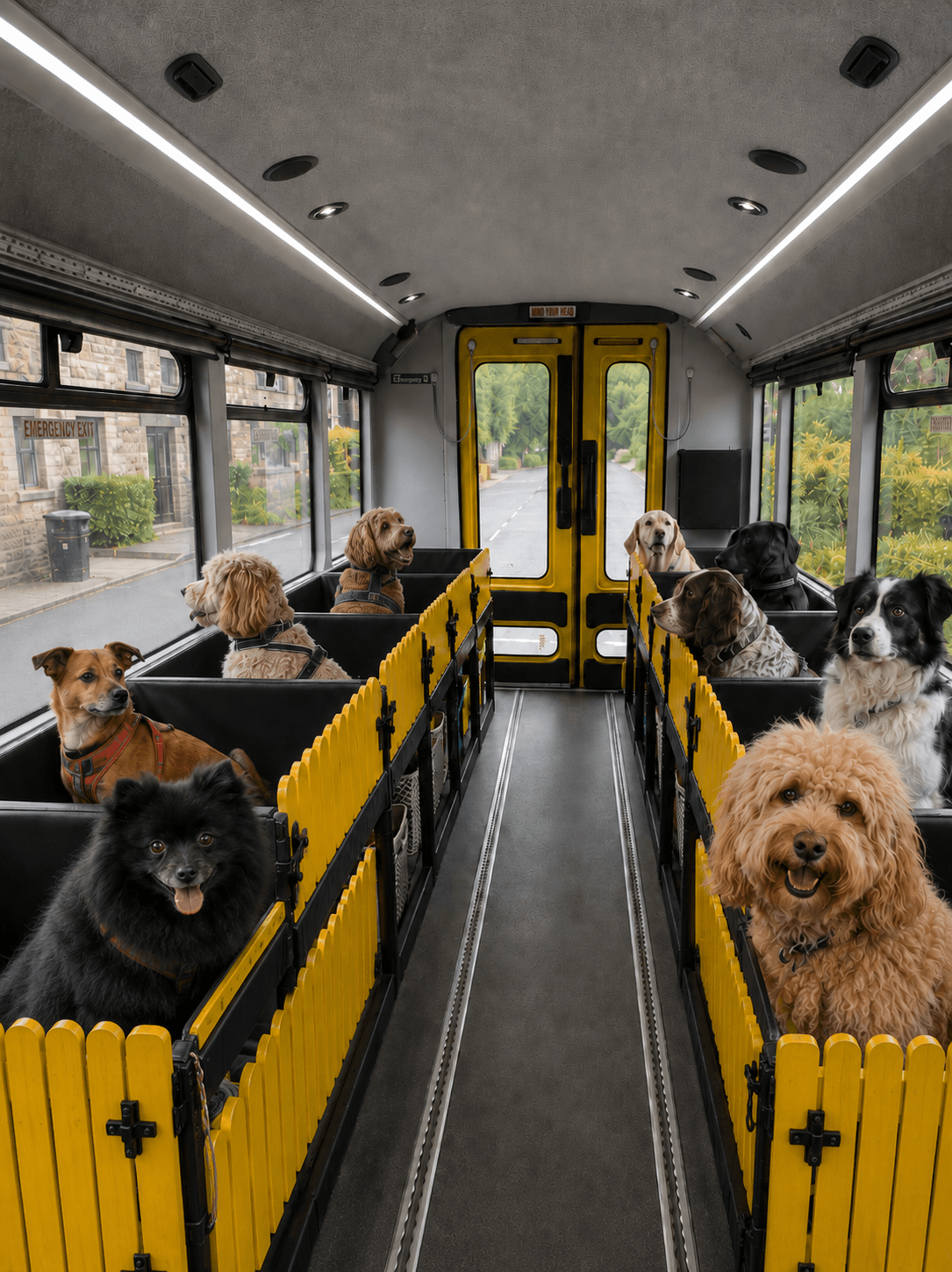 Inside the Bark Bus — ten dogs each in their own harnessed pup pod with a window view, no crates, doors open to a leafy lane