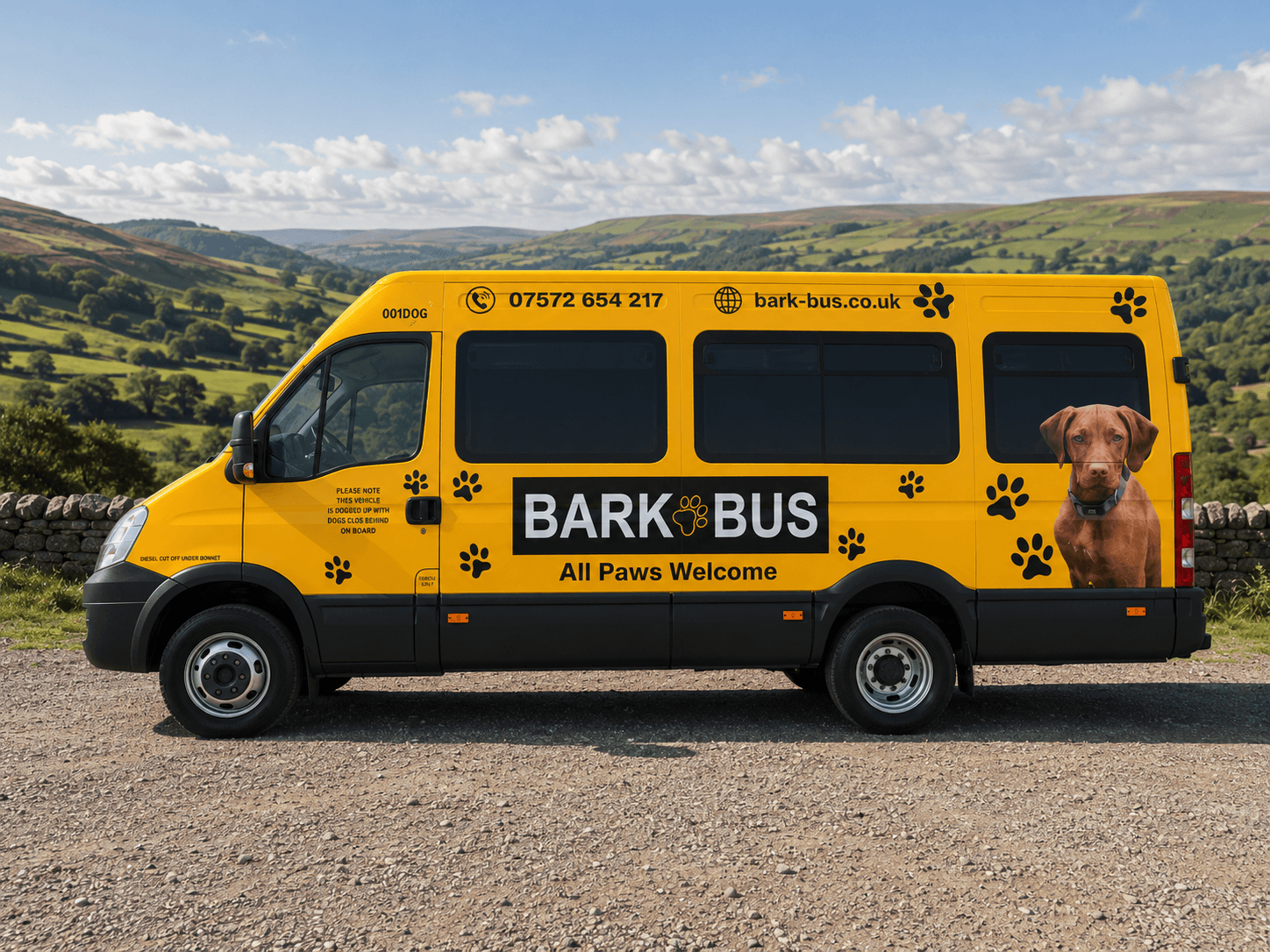 Bark Bus from the rear three-quarter, dog graphic and contact details on the back doors